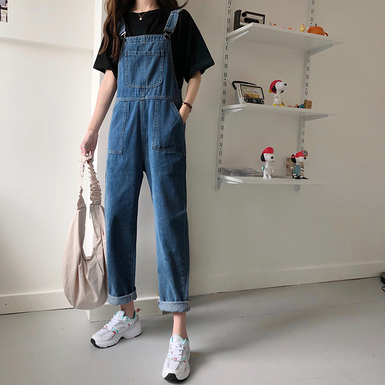 Real shot real price college style casual loose skinny jeans pants with suspenders and straight pants