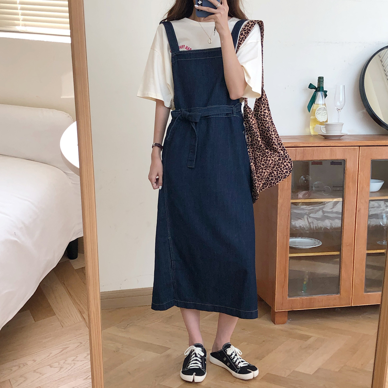 Real shot real price 2020 Korean style new style denim thin bandage mid length dress A-line skirt