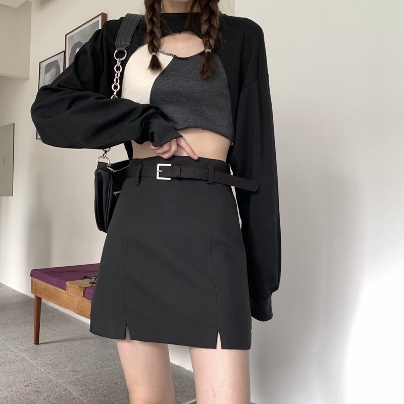 Real shot real price 2020 autumn new versatile black split skirt with belt + top set