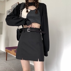 Real shot real price 2020 autumn new versatile black split skirt with belt + top set