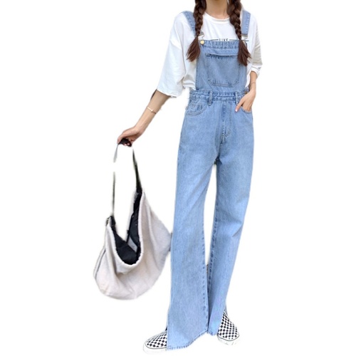 Real shot real price split denim suspenders women's new Korean straight leg wide leg trousers