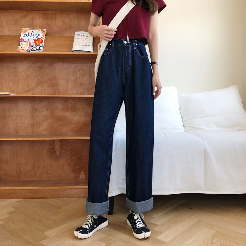 Real shot real price Korean retro lazy style high waist loose jeans pants floor pants wide leg pants