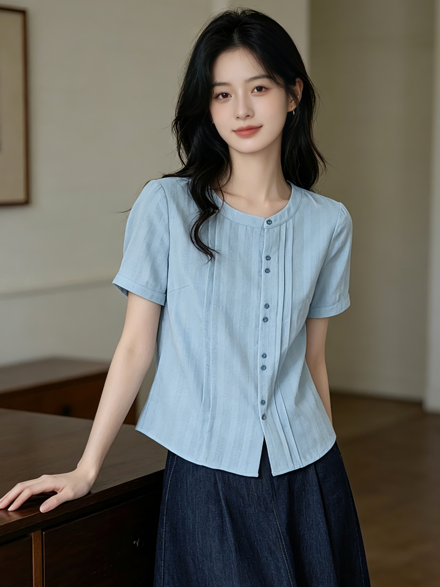 夏季薄款棉麻衬衫女2026短袖提花圆领宽松显瘦温柔风文艺上衣