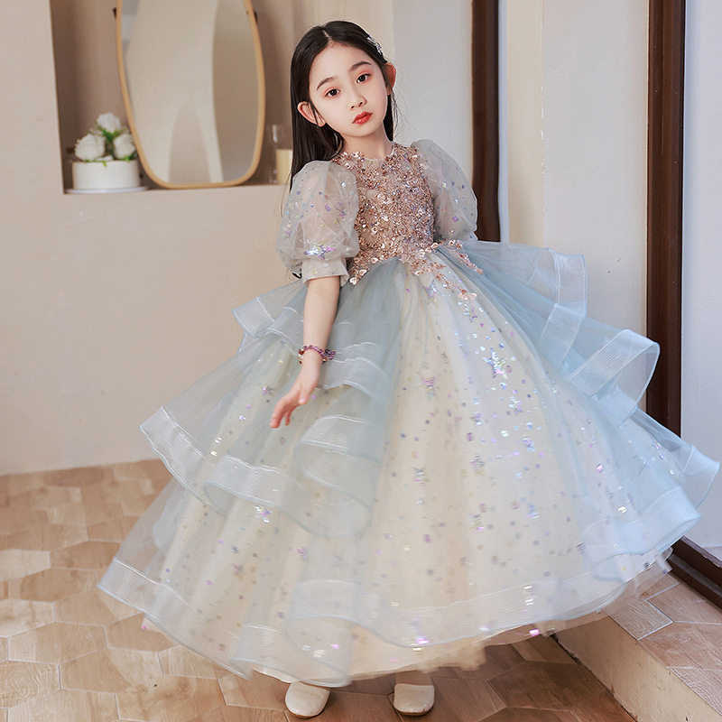儿童摄影礼服生日派对公主裙婚礼婚纱拖地长裙走秀表演亮片裙夏款