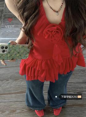 度假风挂脖红色露背吊带背心女夏季2025新款修身辣妹荷叶边上衣潮