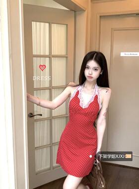 辣妹红色波点法式洋装女夏季2025新款纯欲收腰蕾丝挂颈吊带短裙
