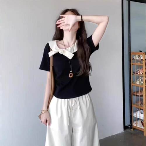 大码胖MM韩系减龄娃娃领短袖t恤女2026新款夏季miu系独特绝美上衣