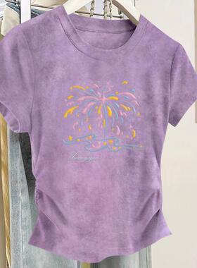 2025新款短款t恤上衣夏季潮流紫色正肩扎染收腰修身显瘦短袖女生