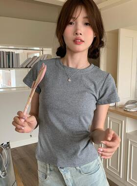 PPHOME自制~经典不挑人 灰色圆领正肩短袖T恤夏季百搭修身上衣女