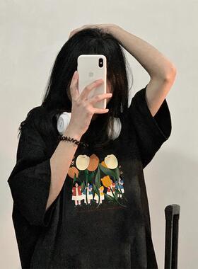 黑色纯棉oversize短袖T恤女夏季2025年新款时尚港味chic上衣潮ins