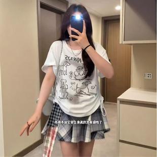 大码 收腰设计感印花体恤胖MM宽松显瘦上衣 微胖正肩短袖 T恤女夏季