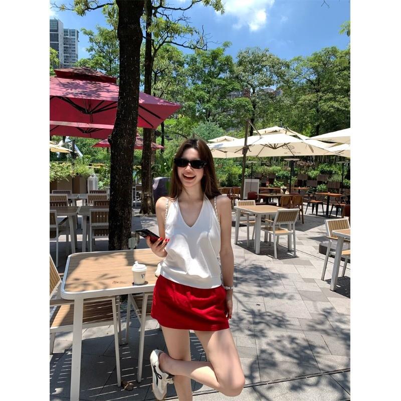白色V领挂颈吊带背心女夏季无袖辣妹短款设计感小众露背外穿上衣