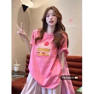 宽松休闲韩系甜美风上衣 2025新款 草莓奶油蛋糕印花短袖 T恤女夏季
