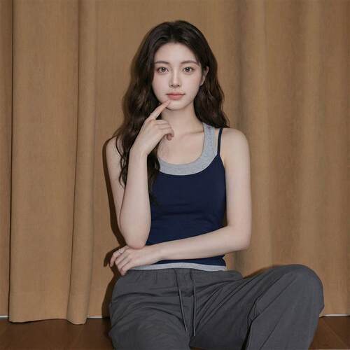 大码胖MM撞色拼接假两件纯棉吊带背心女2026夏季外穿修身显瘦上衣