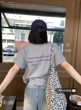 PPHOME美式字母印花圆领短袖T恤女夏季灰色休闲宽松百搭落肩上衣