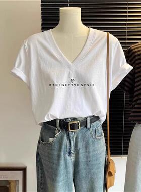 2025夏季新款短袖上衣ins女生高级感v领正肩宽松松弛感t恤衫百搭