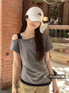 PPHOME甜辣假两件拼接斜肩短袖T恤女夏季灰色修身设计感显瘦上衣