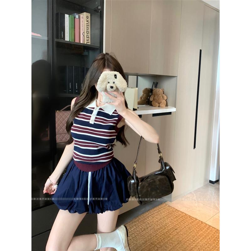 miu系条纹polo领无袖针织衫女装夏季设计感小众短款别致背心上衣