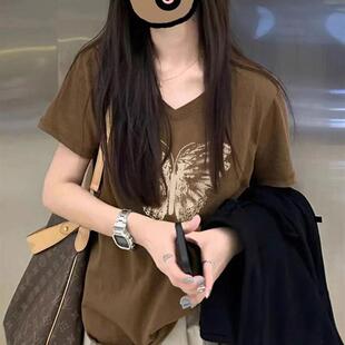 棕色纯棉短袖 v领小众不撞款 体恤 新款 正肩宽松t恤上衣女生2025夏季