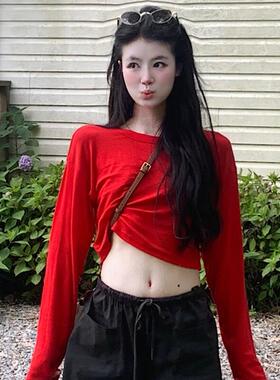 PPHOME红色宽松短款长袖T恤女夏季甜辣薄款百搭显瘦圆领打底上衣