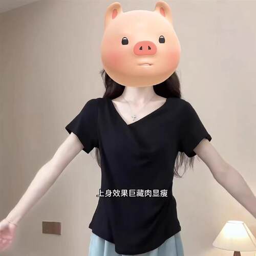 大码休闲黑色V领正肩短袖T恤女夏2026新款胖mm显瘦设计感小众上衣