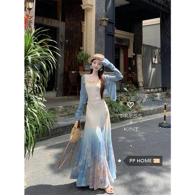 PPHOME海边度假风晕染吊带洋装女夏季纯欲风收腰a字鱼尾裙长裙