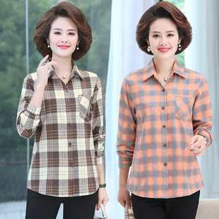 女中老年宽松大码 2020新款 衬衫 妈妈纯棉磨毛格子长袖 外穿衬衣 秋装