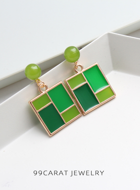 新款原创小众彩色滴釉几何纯色拼接方形时尚设计个性清新耳环女WF