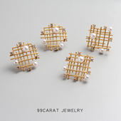 气质简约时尚 99克拉18K包金925银网格个性 不对称耳环耳钉女个性