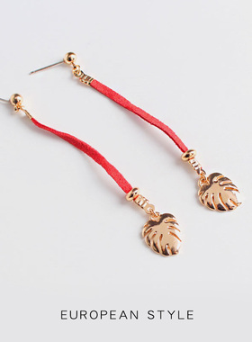 99克拉中国民族风耳环红色皮绳森系树叶吊坠气质长款耳钉耳饰女TY