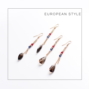 耳环线钉饰坠 潮流可爱气质人工茶色水晶长款 99克拉OL风个性