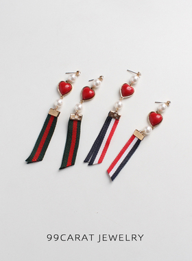 青岛饰品99克拉学院风红色心形条纹布条长款耳环耳坠新年配饰WL