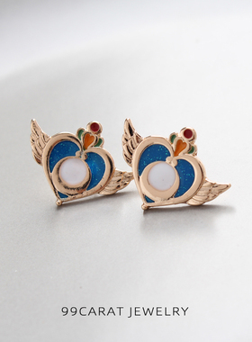 99克拉s925银饰品可爱少女心梦幻深蓝色心形翅膀滴釉耳钉女WK