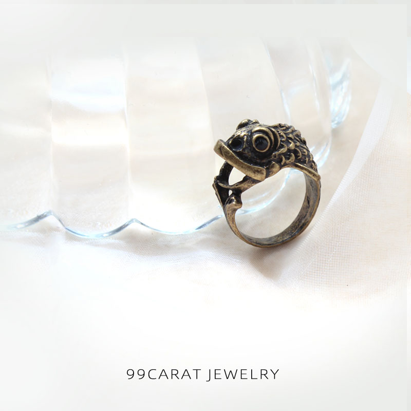 99克拉朋克复古金鱼形状设计鱼鳞细刻精致个性夸张男女戒指指环XJ