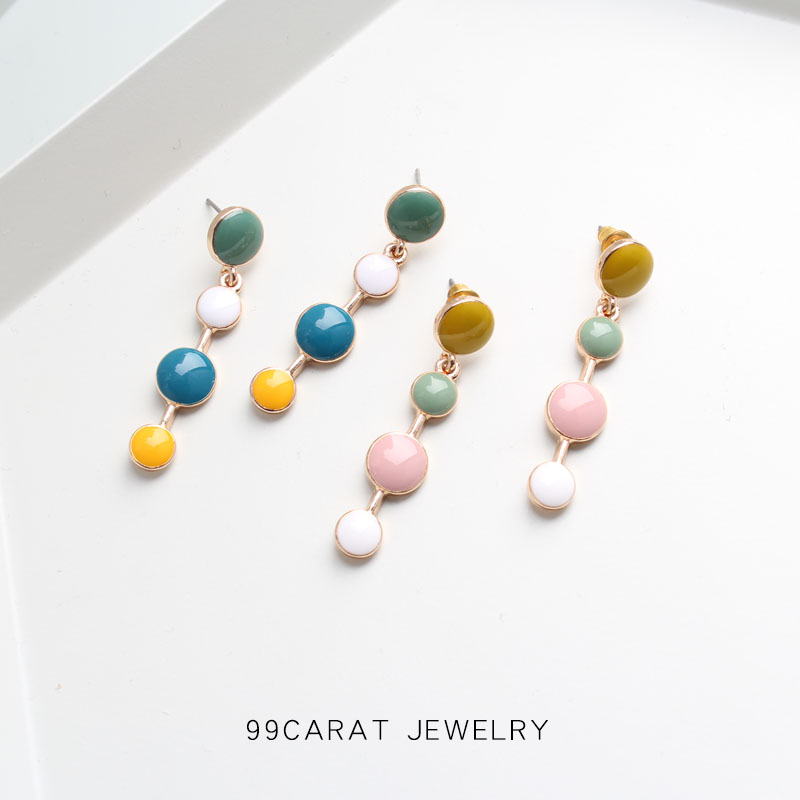 99克拉圆形小圆点连线设计彩色滴釉复古可爱女耳环耳饰vw