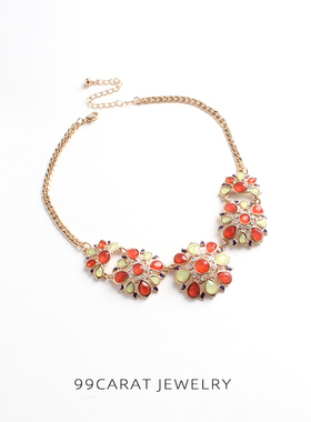 复古红绿色水滴花朵闪钻短款项链