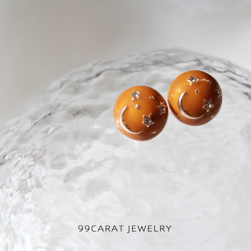 克拉滴釉蓝色星球月亮形状耳钉