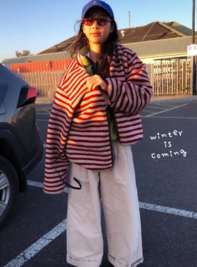 Ohh Cake Rosie罗茜 摇粒绒莓红条纹外套 |法式复古 蓬松保暖上衣