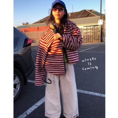 Ohh Cake Rosie罗茜 摇粒绒莓红条纹外套 |法式复古 蓬松保暖上衣