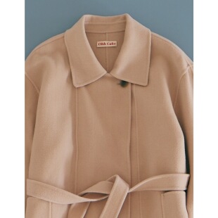 Ohh Cake 奶茶色 一颗扣羊毛双面尼手工长款大衣