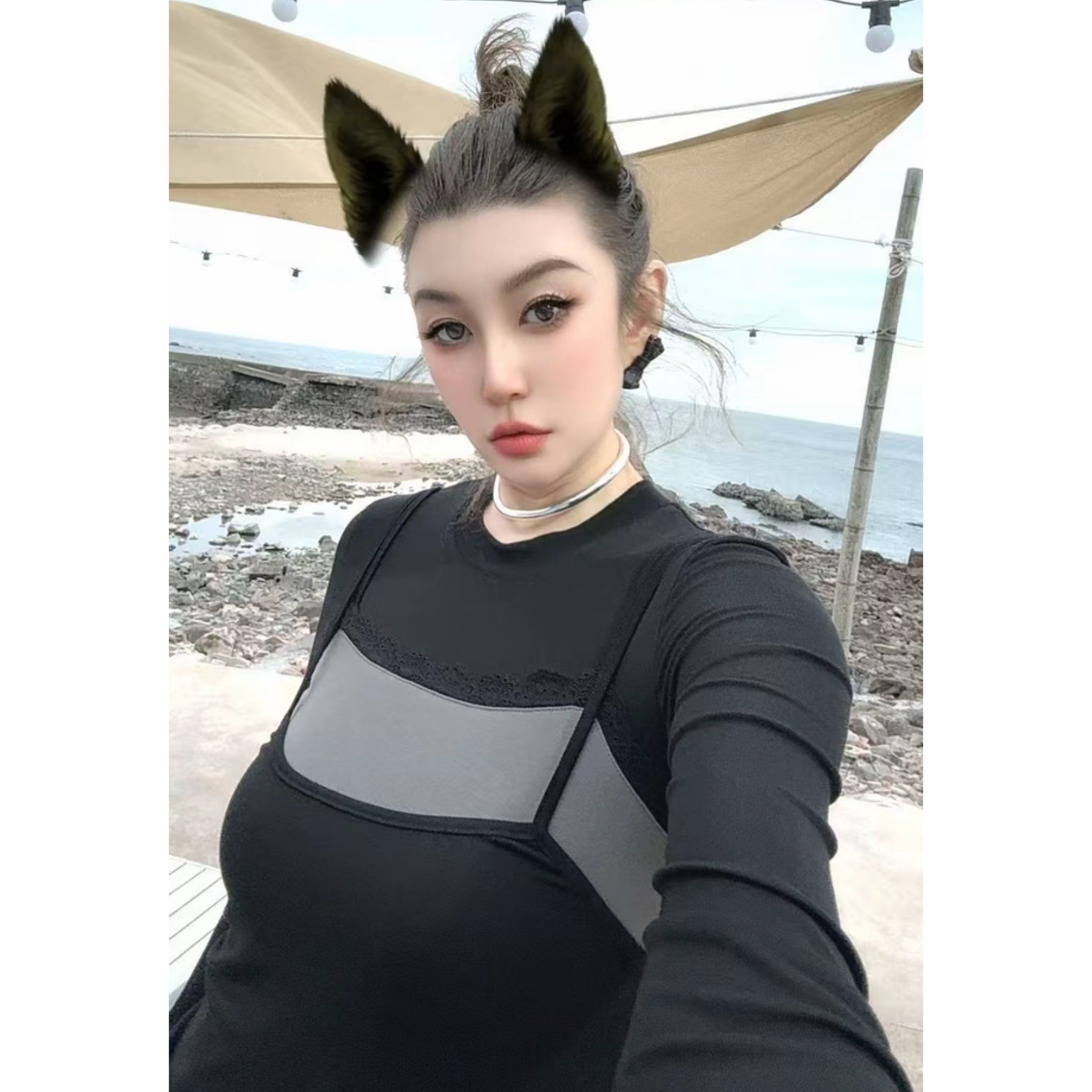 欧洲站2025秋新款HAV欧货 圆领修身显瘦叠穿假两件长袖衫