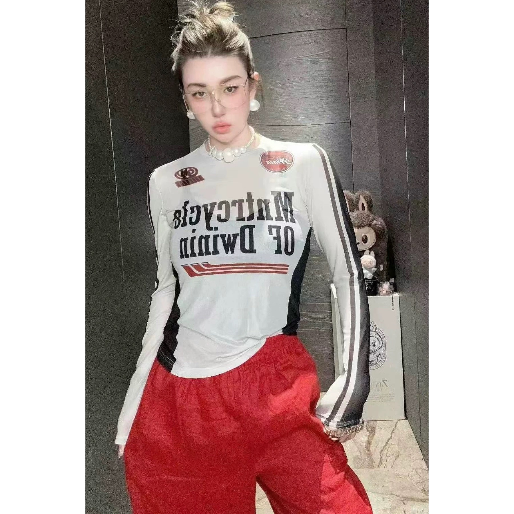 欧洲站2025夏新款HAV欧货 圆领修身显瘦字母长袖网纱衫