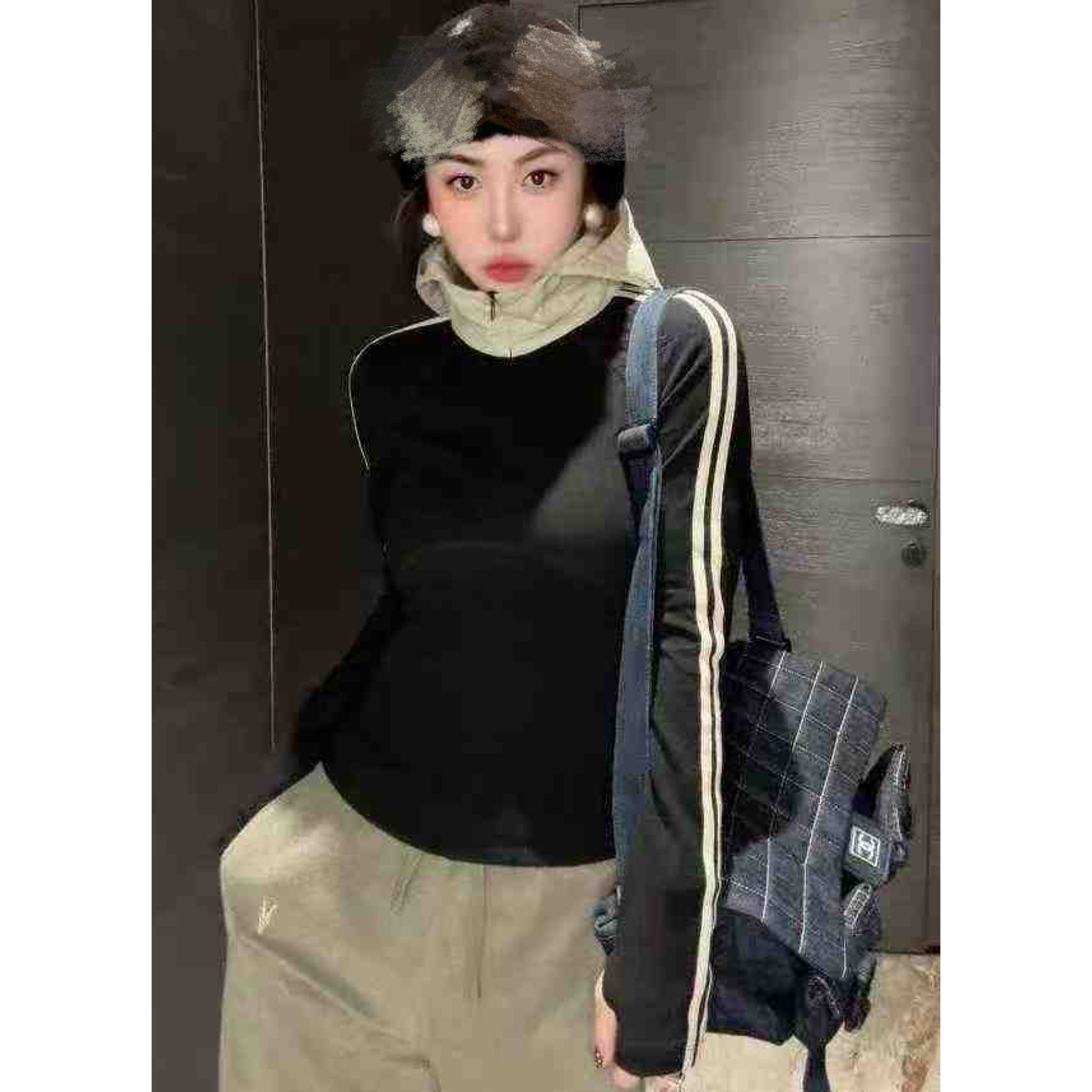 欧洲站2025秋冬新款HAV欧货 撞色连帽半拉链修身显瘦长袖衫