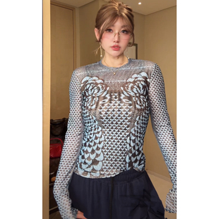 欧洲站2026春新款HAV欧货 百搭圆领蛇纹印花修身显瘦长袖衫上衣