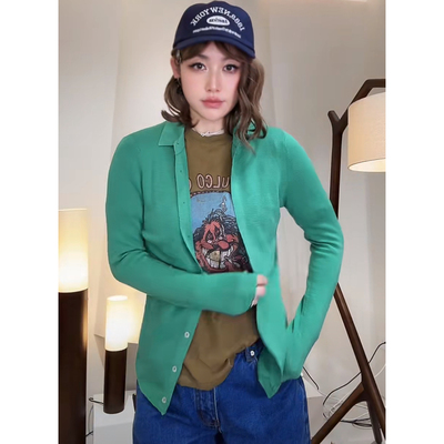 欧洲站2026春夏款HAV欧货 彩色立翻领显瘦单排扣长袖羊毛针织开衫