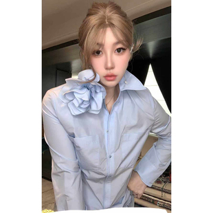 欧洲站2026春新款HAV欧货 立体花朵中长款长袖衬衣