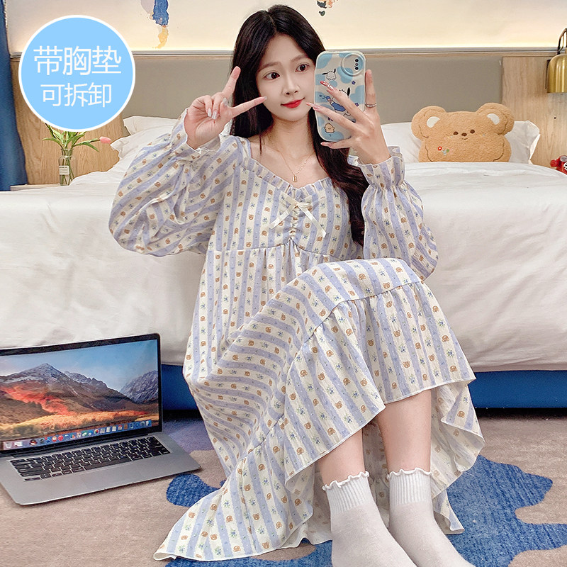 带胸垫睡裙女款春秋冬季纯棉长袖公主风加肥加大码孕妇睡衣家居服