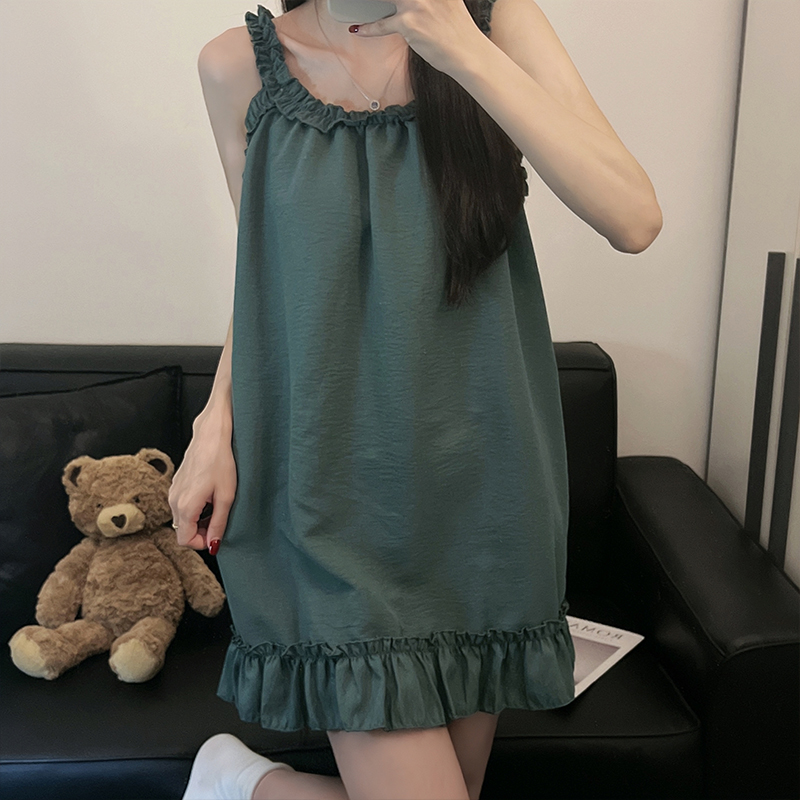 性感吊带睡裙女夏天季云朵纯棉网红纯欲风绿色少女薄款睡衣家居服