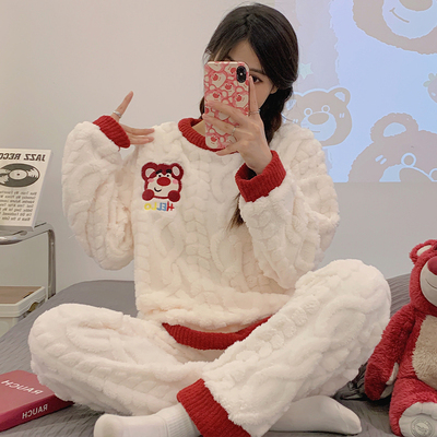 珊瑚绒睡衣女秋冬加厚卡通草莓熊
