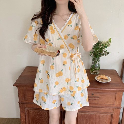睡衣女夏季纯棉短袖开衫和服套装